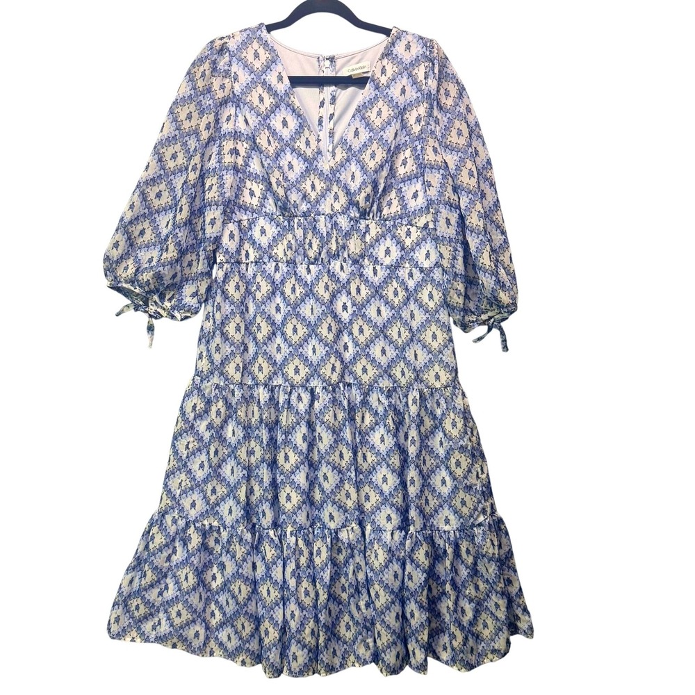 Calvin Klein Tiered Midi Geometric Dress‎ S12 Cottagecore Boho Fairy Feminine